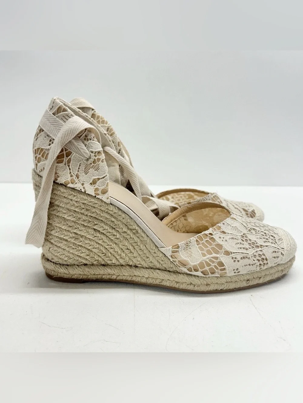 Reformation Camilla Lace Up Wedge Espadrille Cream‎ Lace Size 10.5 Boho Wedding